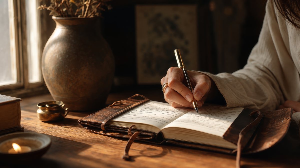 A hand writing in a journal in warm light