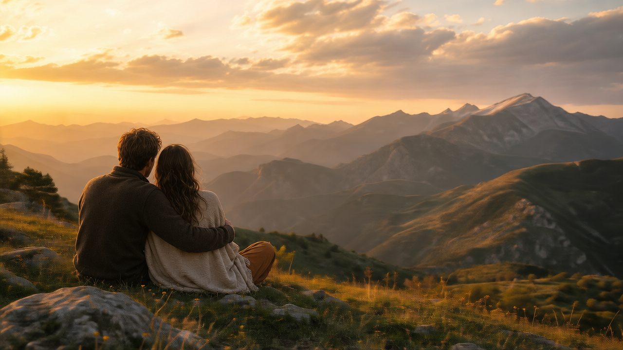 A couple at rest on a mountain ridge at golden hour